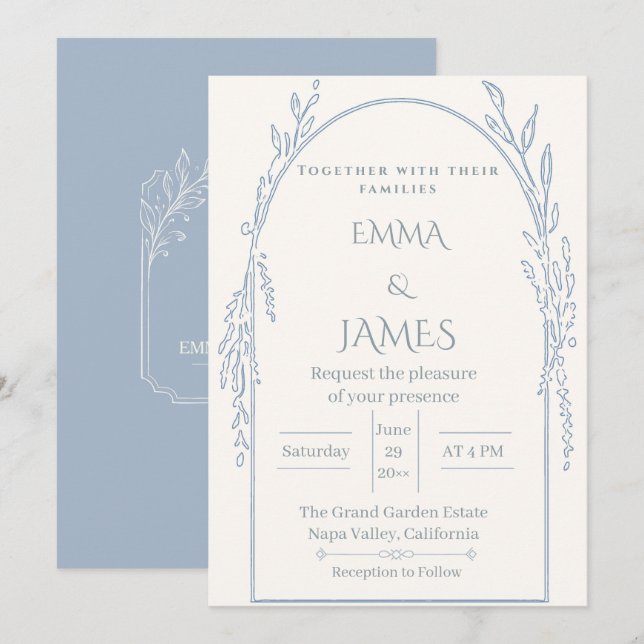 Convite de Casamento Botânico Minimalista Azul Emp (Frente/Verso)