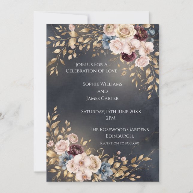 Convite de Casamento Botânico Navy Gold (Frente)