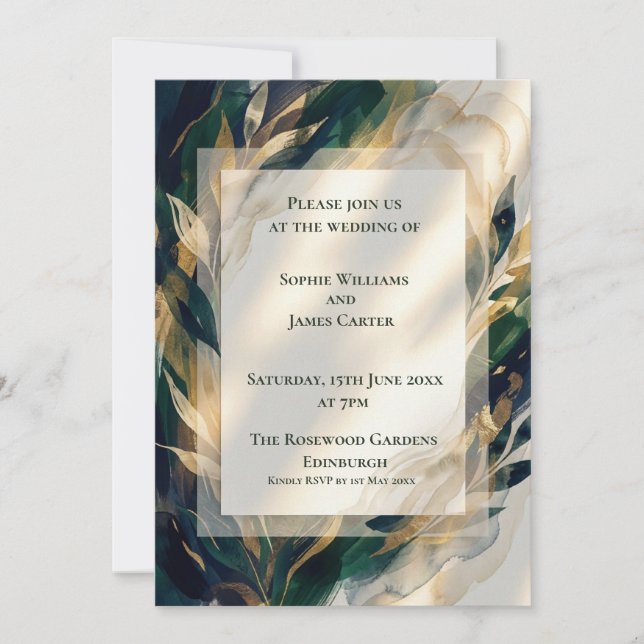 Convite de Casamento Botânico Navy Gold (Frente)