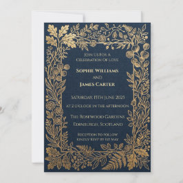 Convite de Casamento Botânico Navy Gold