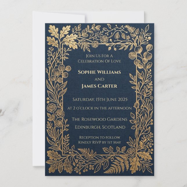 Convite de Casamento Botânico Navy Gold (Frente)