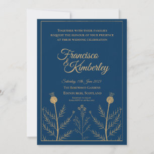 Convite de Casamento Botânico Navy Gold