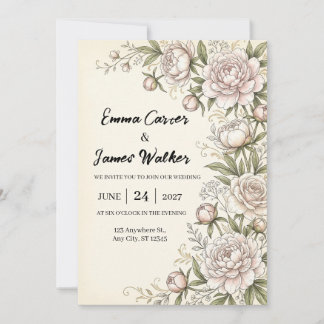 Convite de Casamento Botânico Peônia Blush