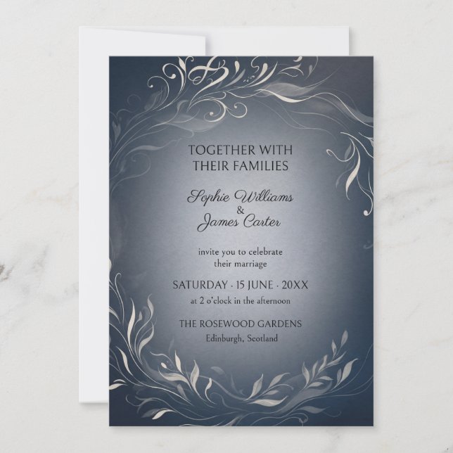 Convite de Casamento Botânico Prata Marinho (Frente)