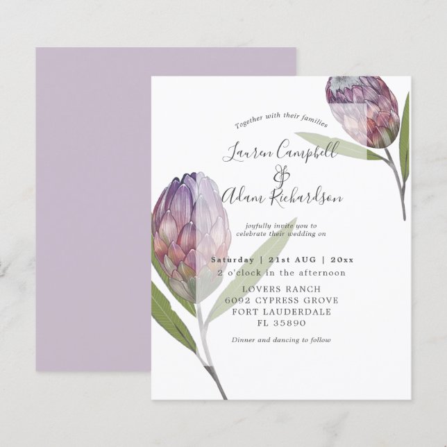 Convite de Casamento Botânico Protea Roxo Orçament (Frente/Verso)