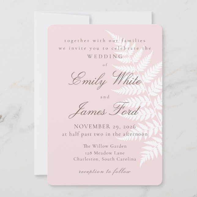 Convite de Casamento Botânico Rosa Bege Branco Sam (Frente)