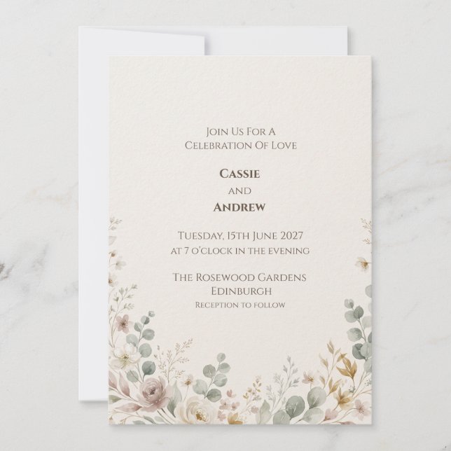 Convite de Casamento Botânico Rosa Suave (Frente)
