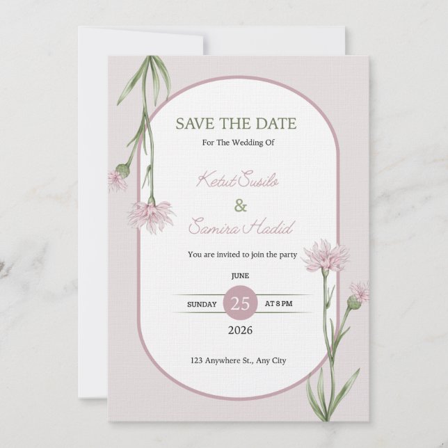 Convite de Casamento Botânico Rosa Suave (Frente)