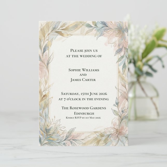Convite de Casamento Botânico Sage Blush (Em pé/Frente)
