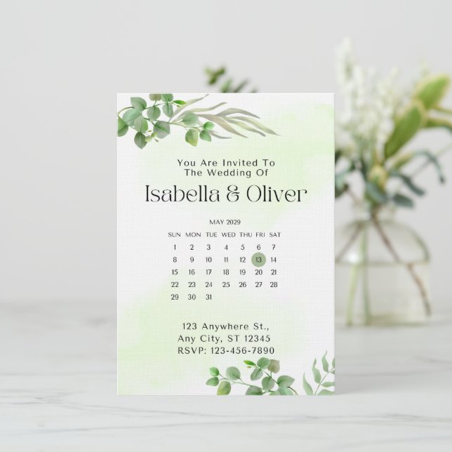 Convite de casamento botânico Verde & Branco (Em pé/Frente)