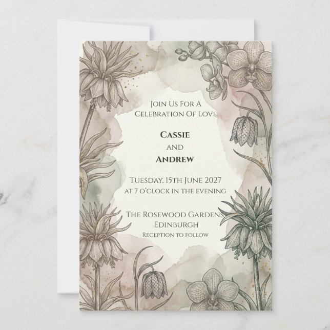 Convite de Casamento Botânico Verde Cinza (Frente)