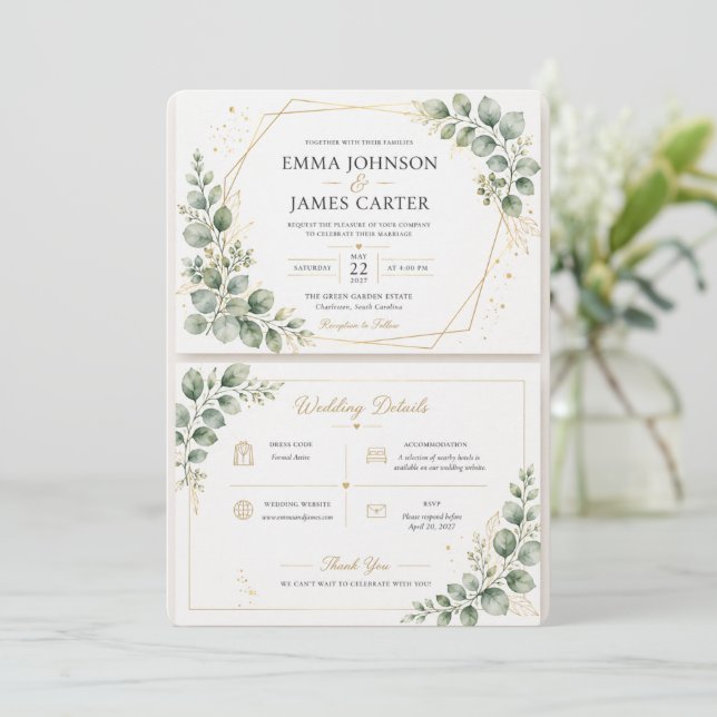 Convite de Casamento Botânico Verde Sálvia Elegant (Em pé/Frente)