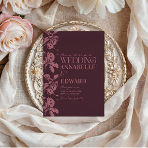 Convite de Casamento Botânico Vintage Ameixa Burgu