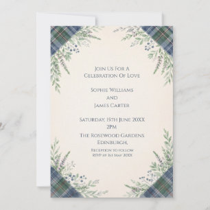 Convite de Casamento Botânico Xadrez Azul