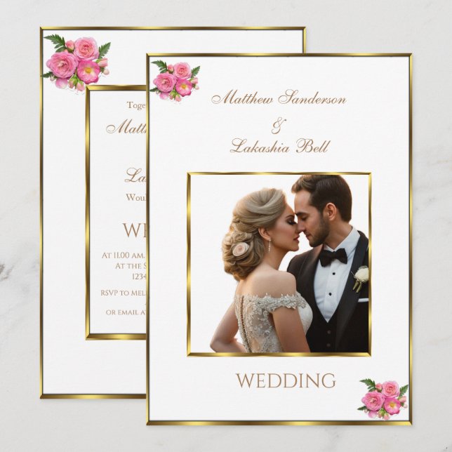 Convite de casamento branco adicione sua foto (Frente/Verso)