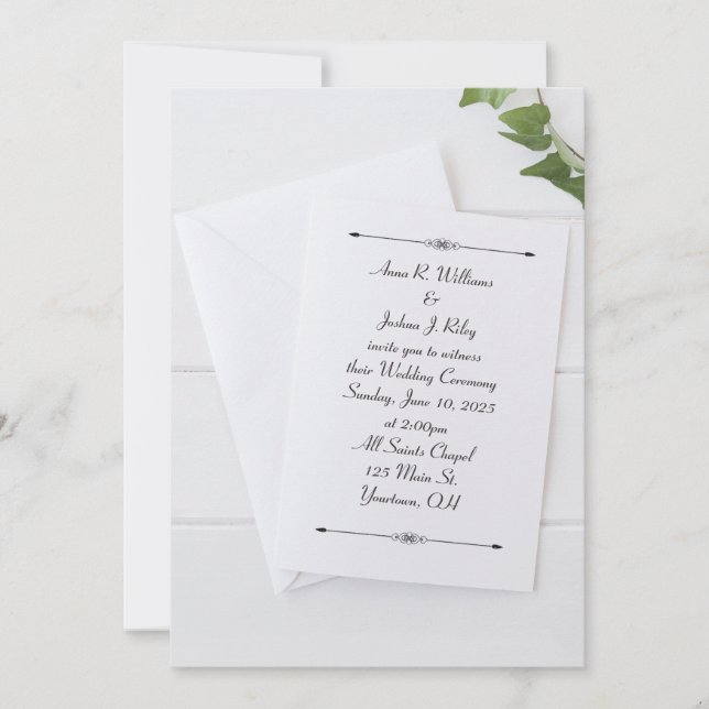 convite de casamento branco com envelope com hera (Frente)