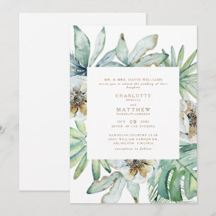 Convite de Casamento Branco com Folhagem Tropical