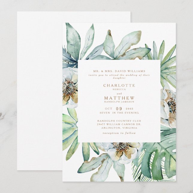Convite de Casamento Branco com Folhagem Tropical  (Frente/Verso)