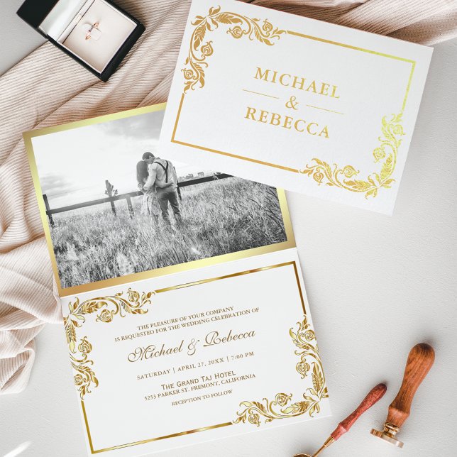 Convite de Casamento Branco com Foto Floral em Fol (Criador carregado)