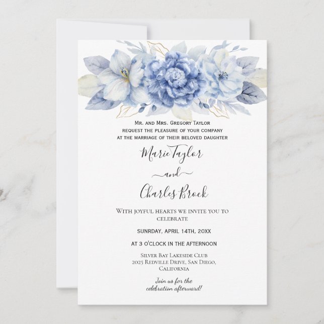 Convite de Casamento Branco com Hortênsia Azul (Frente)