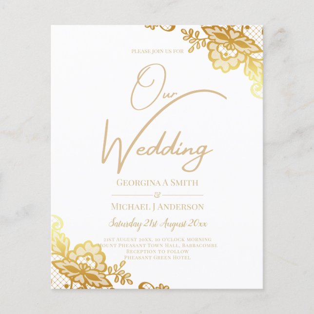 Convite de Casamento Branco com Renda Dourada Clás (Frente)