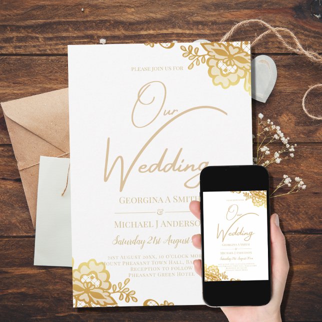 Convite de Casamento Branco com Renda Dourada Clás (Criador carregado)