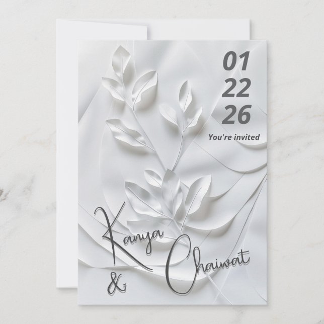 Convite de Casamento Branco e Bege Moderno – Botan (Frente)