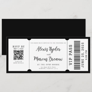 Convite de casamento branco e preto de tíquete VIP