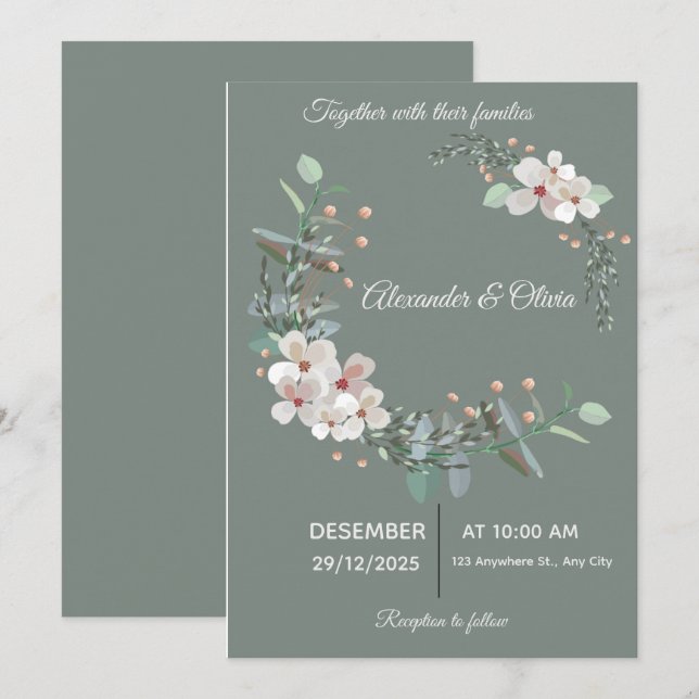Convite de Casamento Branco e Verde Elegante (Frente/Verso)