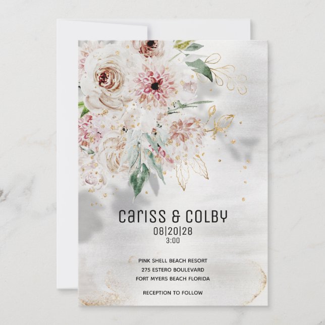 Convite de casamento Branco e Verde Esmagador (Frente)