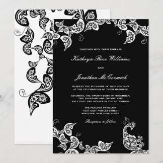 Convite de casamento branco floral chique do pavão