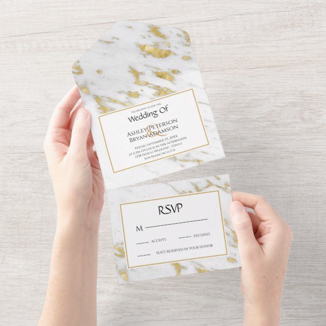 Convite de Casamento Branco Mármore Brilho Dourado (Aba destacável)