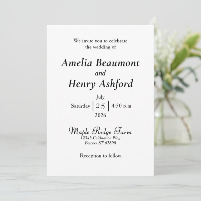 Convite de Casamento Branco Minimalista Elegante (Em pé/Frente)