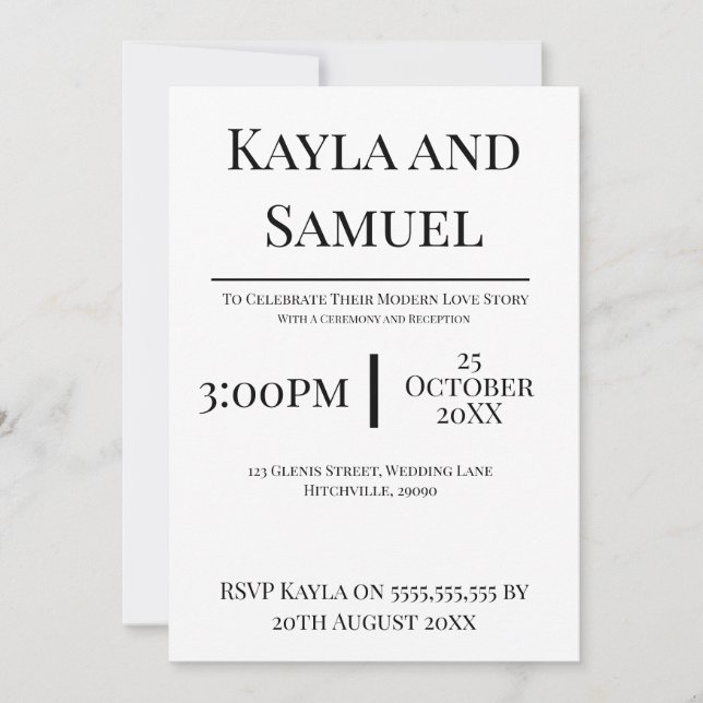 Convite de Casamento Branco Moderno com Texto Pret (Frente)