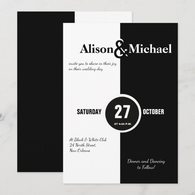 Convite de casamento branco preto-e-branco moderno (Frente/Verso)