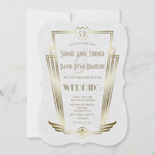 Convite de casamento Branco Real Dourado Deco Mono