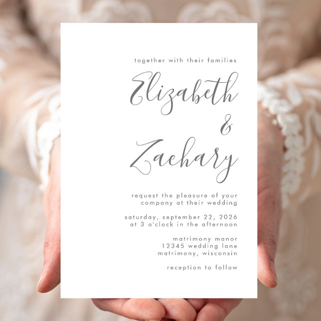 Convite de Casamento Branco Script Cinza Moderno (Criador carregado)