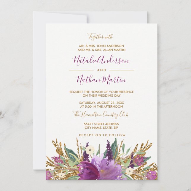Convite de Casamento Brilhante com Ametista (Frente)