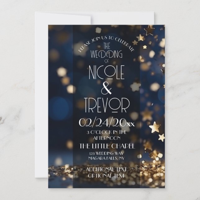 Convite de Casamento Brilho Estrelas Douradas (Frente)