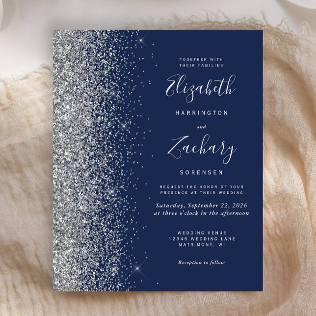 Convite de Casamento Brilho Prata Azul Marinho Orç (Criador carregado)