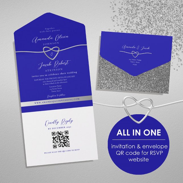 Convite de Casamento Brilho Prata Azul Real QR Cod (Criador carregado)