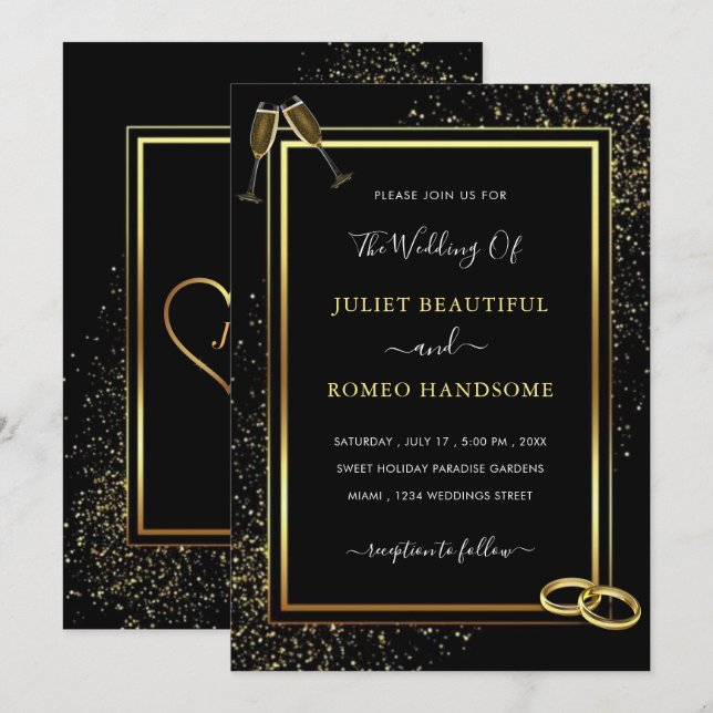 Convite de Casamento Brilho Preto e Dourado (Frente/Verso)