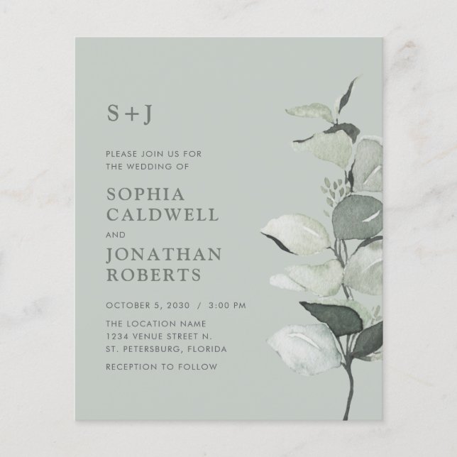 Convite de Casamento Budget All in One Sage Eucali (Frente)