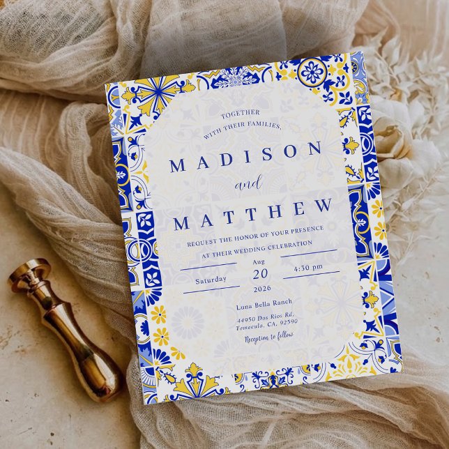 Convite de Casamento Budget Blue Mediterranean Til (Budget Blue Mediterranean Tiles Wedding Invitation)