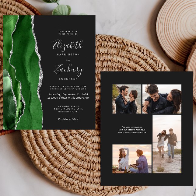 Convite de Casamento Budget Green Silver Dark 4-Fo (Criador carregado)