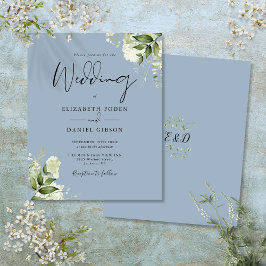 Convite de Casamento Budget Greenery Azul Empoeira