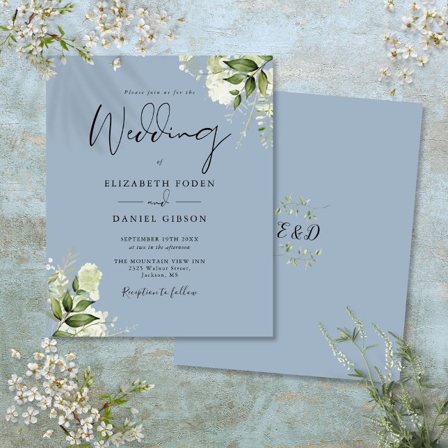 Convite de Casamento Budget Greenery Azul Empoeira (Budget Greenery Dusty Blue Wedding Invitation)