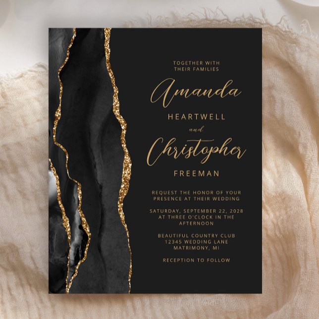 Convite de Casamento Budget Slate Black Gold Agate (Criador carregado)