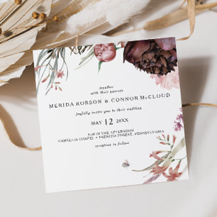 Convite De Casamento Burgundy Boho Floral Quadrado