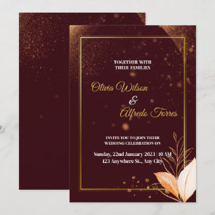 convite de casamento burgundy com cores douradas